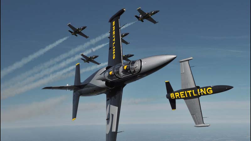 Image of the Brietling Jet aerobatics team aircraft in flight